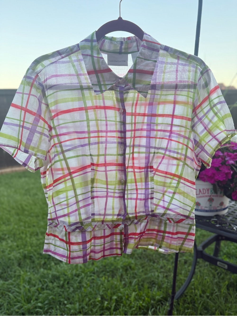 Liz Claiborne Colorful Plaid Cotton Button Front Blouse Size 12